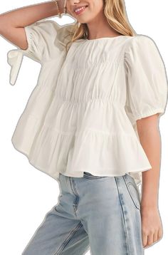 Elegant Peasant Top With Balloon Sleeves, Trendy Balloon Sleeve Puff Top For Day Out, Puff Sleeve Tops With Tie Sleeves For Brunch, Chic Cotton Puff Sleeve Top, Chic Cotton Puff Sleeve Top With Balloon Sleeves, Chic Cotton Puff Sleeve Top With Lantern Sleeves, Trendy Summer Blouse With Gathered Sleeves, Casual Tops With Tie And Puff Sleeves, Casual Tops With Tie Puff Sleeves