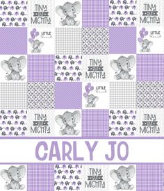 a purple and white elephant on a checkered background with the words, baby jo