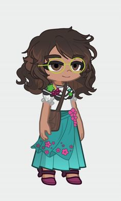 a cartoon girl with glasses and a flower in her hair, holding a stick to her face