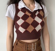 Brown Fitted Cotton Sweater Vest, Fitted Brown Cotton Sweater Vest, Fitted Retro Brown Sweater Vest, Retro Fitted Brown Sweater Vest, Preppy Aesthetic Outfits, Argyle Vest, Style Hacks, Clothes Board, Y2k Sweater