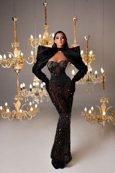 Bombshell Look, Black Embellished Dress, Dress With Detachable Sleeves, Boning Corset, Big Girl Dresses, Gala Outfit, High Fashion Dresses, Gowns Dresses Elegant, Detachable Sleeves