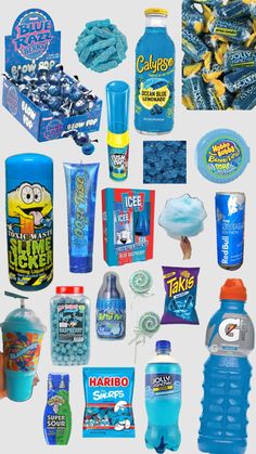 many different types of blue and yellow items