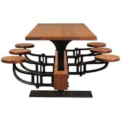 a wooden table with six stools on it and a metal base that is attached to the top