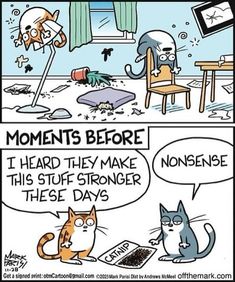 a comic strip with cats in the room