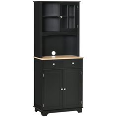 a black cabinet with wooden top and drawers