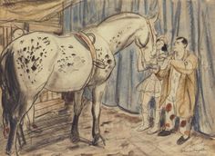 a drawing of a man standing next to a horse