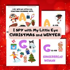 two christmas cards with the words, i spy with my little eye and letter g for gingerbread woman