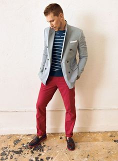 Shop this look for $300:  http://lookastic.com/men/looks/crew-neck-sweater-and-pocket-square-and-double-breasted-blazer-and-chinos-and-loafers/2479  — Navy and White Horizontal Striped Crew-neck Sweater  — White Cotton Pocket Square  — Grey Double Breasted Blazer  — Red Chinos  — Brown Leather Loafers Red Pants Men, Burgundy Chinos, Red Pants Outfit, Red Chinos, Brown Leather Loafers, Red Pants, Mens Fashion Summer, Double Breasted Blazer