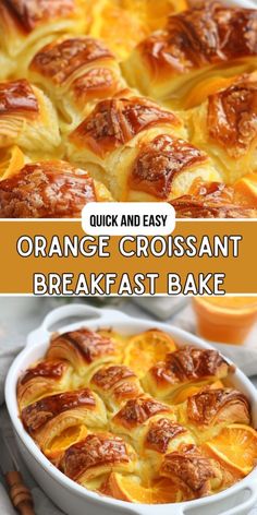 an orange croissant breakfast bake in a white casserole dish with the title above it