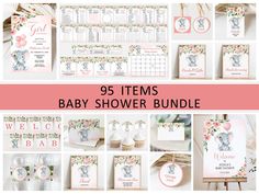 the baby shower bundle is shown with pink and white flowers on it, including items for its