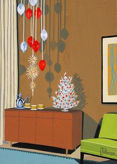 a painting of a living room with christmas decorations hanging from the ceiling and a green chair