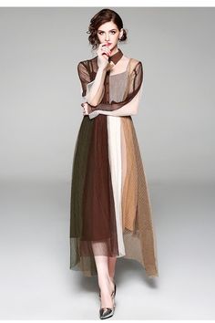 Elegant Turn-Down Collar Long Sleeve Patchwork Long Dress - Uniqistic.com Long Mesh Dress, Evening Dresses Online, Nature Dress, Amazing Dresses, Petal Sleeve, Long Evening Dress, Date Dresses, Royal Court, Irregular Hem