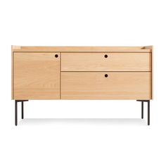 the sideboard is made from wood and has two drawers, one with black legs