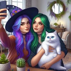 two women with green hair are holding a cat