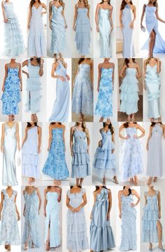 many different types of dresses in blue and white