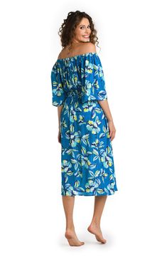 This cover up dress boasts a lively combination of ocean blue and zesty lime green in a vibrant floral print, encapsulating the essence of a tropical paradise. The universally flattering off-the-shoulder silhouette highlights your collarbone. Breezy bell sleeves bring a relaxed, boho vibe, while a gently gathered waist adds definition to your midsection. [split] Details Cover Up Midi Dress Bell Sleeves Elasticized Waist Side Pockets Tassel Cord Detail Fabric 99% Rayon, 1% Lurex Spring Vacation Off Shoulder Dress With Short Sleeves, Strapless Tropical Print Summer Dress, One Shoulder Summer Midi Dress For Beach, One Shoulder Floral Print Midi Dress For Beach, One-shoulder Floral Midi Dress For Beach, Casual Strapless Dress For Beach Cover-up, Blue Hibiscus Print Summer Dress, Summer Blue Dress With Hibiscus Print, Tropical Print Strapless Dress