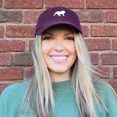 Maroon Bulldog Silhouette Hat - TheMississippiGiftCompany.com Cotton Dad Hat With Curved Brim For Fan Gear, Team-colored Cotton Hats With Curved Brim, Cotton College Hats For Baseball Season, Adjustable Baseball Cap For Fan Gear, Cotton Trucker Hat For College, Adjustable Dad Hat With Curved Brim For Sports Fans, Casual Cotton Hats For Fan Gear, Cotton Dad Hat For Game Day, Curved Brim Cotton Hat For College