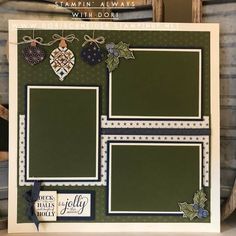 a scrapbook page with christmas ornaments and holly decorations on it, attached to a wooden frame