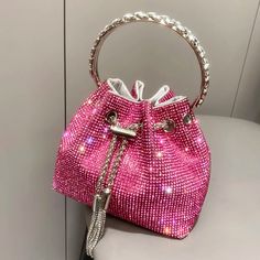 Sparkling Pink Rhinestone Bucket Bag Cherry Bag, Diamond Bag, Round Handle, Clutch Purse Evening, Rose Rouge, Women Rising, Bright Gold, Clutch Purse, Small Bag