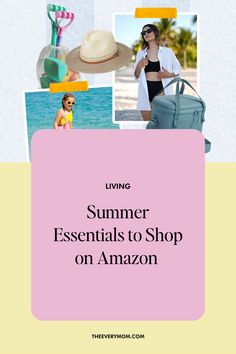 the words living summer essentials to shop on amazon are shown in pink and yellow