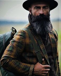 What a way to do wilderness. Rich plaids, leather pack, prairie hat and a gorgeous full bearded Hungarian...WOW! 🥰 Stylish Beards, Older Mens Fashion, Beard Game, Epic Beard, Mens Hats Fashion, Beard Look, Great Beards, Awesome Beards