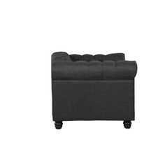 the back of a gray couch with wheels and arms, on an isolated white background