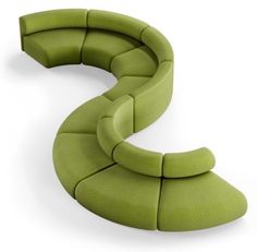 the curved couch is green and has four seats on each side, which are connected to one another