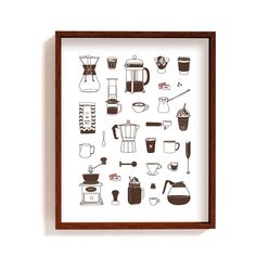 a framed poster with coffee related items on it