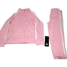 Adidas Classic Tricot 2 piece Set Girls Various Size Light Pink  Size Chart:(https://www.adidas.com/us/help/size_charts/kids-shoes) Top: 100% Polyester, Bottom: 100% Polyester Set Includes: Long sleeve full zip jacket & Coordinating elastic waist pant Top features long sleeve full zip jacket with a mock neck, forward seams, raglan sleeve construction, on-seam pockets, applied 3-Stripes down sleeves, adidas brandmark embroidery on left chest & Large adidas Badge of Sport outline embroidery on bac Pink Adidas Cotton Set, Adidas Pink Cotton Sets, Pink Cotton Adidas Sets, Casual Adidas Sets For Spring, Casual Pink Outerwear For Playwear, Adidas Pink Long Sleeve Sets, Adidas Pink Sets For Spring, Adidas Pink Fitted Sets, Adidas Winter Sets With Long Sleeve