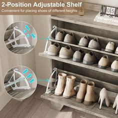 two - position adjustable shoe shelf for shoes and other items, with instructions on how to use it