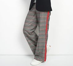 We'll have what she's having. If you like things "on the side," you're gonna love these plaid pants. The contrasting side stripe takes them from polished to perfection! From G.I.L.I. got it love it®. Fabrication: woven Hardware: front zipper fly with hook and bar closure Features: allover plaid pattern, functional slash front pockets, faux welt back pockets, solid stripe side seam detail, pressed pleat on center front leg Fit: semi-fitted; follows the lines of the body with added wearing ease Le Wide Leg Plaid Pants, Plaid Slacks, Red Plaid Pants, Peplum Tankini, Raglan Sleeve Sweatshirt, Knitted Cape, Strapless Jumpsuit, Flare Leg Jeans, Ankle Leggings