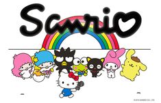 some cartoon characters are standing together in front of a rainbow and the word sanrio