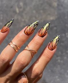 Orange Butterfly Nails, Nail Design Gold, Butterfly Nail Designs, Butterfly Nails, Finger Paint, Pretty Orange, Brown Acrylic, Butterfly Nail Art, Purple Nail