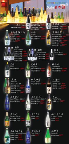 an advertisement with many different types of bottles in japanese language and english characters on it