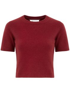 bordeaux red wool signature four-stitch logo to the rear ribbed neckline, cuffs and hem crew neck short sleeves straight hem cropped Stitch Logo, Versace Designer, Lambswool Sweater, Wool Top, Sweater For Women, City Dress, Mm6 Maison Margiela, Summer Beach Wear, Ribbed Neckline