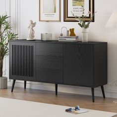 The clean colors of this cabinet are paired with wood grain and elegant lines, making this cabinet elegant and generous. It combines modern aesthetics and functionality to add a touch of beauty to any room Color: Black | George Oliver Modern Cabinet w / 2 Doors & 3 Drawers, Suitable for Living Rooms, Studies, & Entrances, Wood | 31.8 H x 58.2 W x 15.7 D in | Wayfair Console Table Entryway, Classic Cabinet, Mdf Cabinets, Accent Chests And Cabinets, Modern Sideboard, Mdf Frame