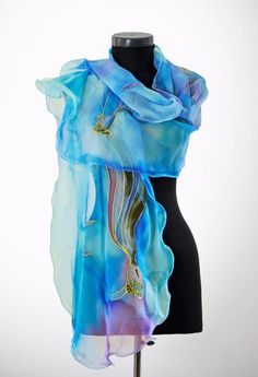 New collection/Hand painted silk scarf/Blue chiffon silk | Etsy Scarf Painting, Silk Paintings, Silk Scarf Design, Silk Scarf Painting, Hand Painted Silk Scarf, Painted Silk, Hand Painted Silk, Scarf Hat, Scarf Design