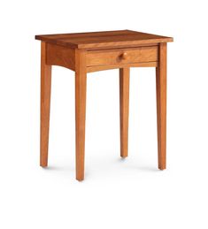 a small wooden table with one drawer on the top and two legs at the bottom