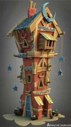 an artistic rendering of a house made out of wood and paper with stars hanging from the roof