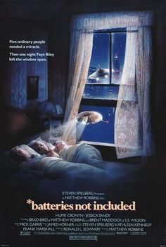 a movie poster for batteries not included with an image of a man laying in bed