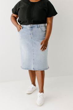 Nothing says summer like a light wash denim skirt! The 'Jamie' is sure to be your new favorite with its high-waist fit and subtle stretch. Functional front and back pockets are also the perfect place to stash all your small essentials! Pair the 'Jamie' with a tee and white sneakers for a day out on the town! 97% Cotton 3% Spandex Machine Wash Cold Do Not Bleach Hang to Dry Low Iron if Needed Model A Height 5'9" | Wearing Size 4 Model B Height 5'6" | Wearing Size 6 Model C Height 5'8" | Wearing S Summer Stretch Denim Skirt Straight Leg, Light Wash Mid-rise Denim Skirt, Light Wash High Waist Stretch Denim Skirt, High Waist Light Wash Stretch Denim Skirt, High Waist Stretch Light Wash Denim Skirt, Stretch Light Wash Skirt For Spring, Light Wash Denim Skirt With Pockets For Spring, Spring Light Wash Denim Skirt With Pockets, Light Wash Mid-rise Summer Skirt