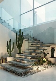 there is a staircase with cactus plants on the bottom and rocks below it, along with glass railings