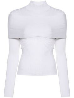 white stretch-design ribbed knit asymmetric design layered details high neck long sleeves ribbed hem unlined Long Sleeve Layer, Layered Sweater, White Knit Sweater, City Dress, High Neck Long Sleeve, Knit Sleeve, Knitted Top, Ribbed Knit Sweater, Roll Neck