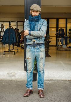 Denim Dudes: For the Love of Denim Denim Outfit Men, Industrial Clothing, Hipster Jeans, Men's Denim Style, Mens Attire, American Casual, Hipster Mens Fashion, Denim Wear