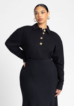 Exaggerated Shoulder Collar Top | Eloquii Office Wear Collared Tops With Placket, Office Collared Tops With Placket, Long Sleeve Tops With Button Closure For Work, Collared Office Wear Top With Placket, Long Sleeve Buttoned Tops For Workwear, Collared Tops For Workwear With Placket, Long Sleeve Tops With Placket For Office, Workwear Polo Collar Top With Buttons, Collared Tops With Button Cuffs