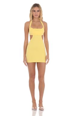 Cutout Bodycon Dress in Yellow | LUCY IN THE SKY Cutout Bodycon Dress, Upf Clothing, Lucy In The Sky, Casual Day Dresses, Sorority Outfits, Halter Strap, Straight Dress, Date Night Dresses, Print Trends