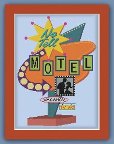 a cross stitch picture with the word art motel in it's center and an orange frame