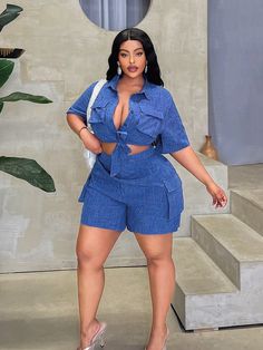 Plus Size Women's Solid Color Top And Shorts Set, Simple Daily Outfit Blue   Short Sleeve Woven Fabric   Non-Stretch  Women Plus Clothing, size features are:Bust: ,Length: ,Sleeve Length: Jean Material, Jeans Material, Casual Sets, Shorts Set, Blue Shorts, Daily Outfits, Plus Clothing, Short Sets, All Fashion