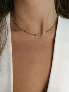 "Small faceted genuine emerald on dainty paperclip chain Made from tarnish resistant metals only - gold filled and PVD gold plated stainless steel (the metal is swetaproof/waterproof so you can wear it everyday without worries, the gold colour remains) Choose your lenght: 42 cm = 16.5\" (shown on model) 45 cm = 18\" 50 cm = 20\" Please note each gem is natural and unique but you will recieve always as beautiful as on the photo! Emerald is a birthstone for a month May You will recieve your neckla Emerald Chain, Dainty Gemstone Necklace, Month May, Zambian Emerald, May Birthstone, Birthstone Gifts, Trombone, Gold Colour, Emerald Jewelry