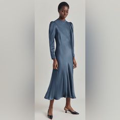 Ghost London Harper Satin Midi Dress Dark Blue Size Small Elegant Light Blue Fall Dress, Elegant Blue Long Sleeve Midi Dress, Formal Blue Long Sleeve Midi Dress, Elegant Light Blue Midi Dress For Fall, Elegant Light Blue Silk Dress, Elegant Blue Embroidered Midi Dress, Chic Blue Midi Dress For Formal Occasions, Elegant Light Blue Midi Dress, Light Blue Long Sleeve Midi Dress For Evening